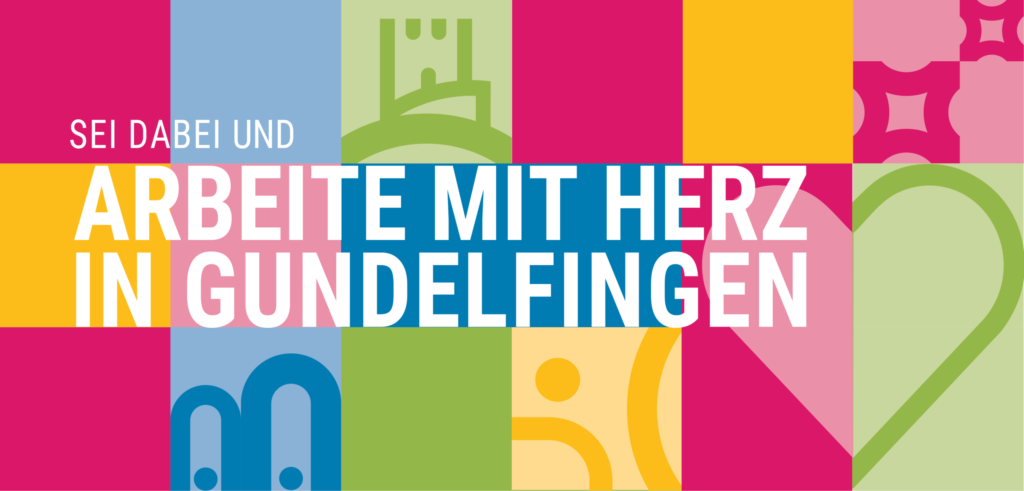 Image zeigt bunte Farbkacheln mit Symbolen und der Beschriftung sei dabei und arbeite mit Herz in Gundelfingen